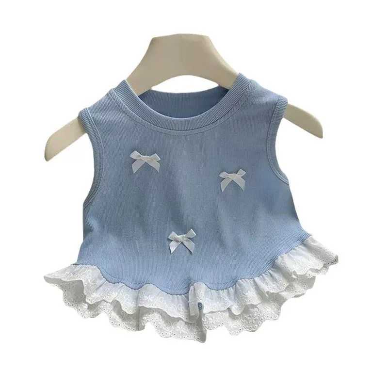 Summer fashion childrens tank top sleeveless bow lace hem plain weave childrens girls casual T-shirt childrens girls topT250320