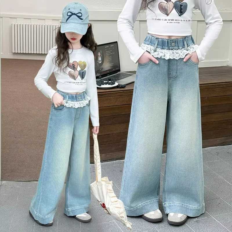 Spring Autumn New Lace Design Girls Casual Jeans Middle Waist Denim Wwide leg Pants Kid Clothes For Girls 6 8 10 12 14YearsT2502320