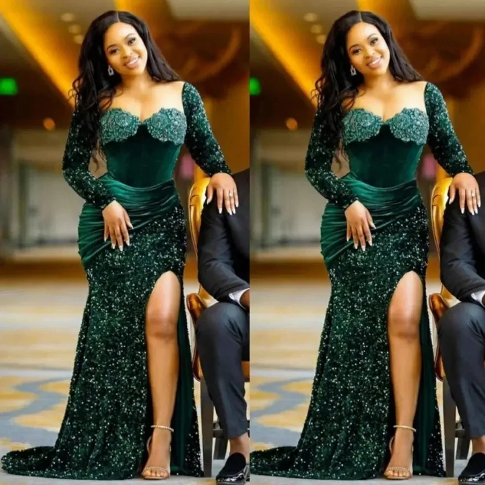 Sparkly Dark Green Sequined Prom Dresses Side Slit Long Evening Gowns Illusion Crew Neck Sweetheart Neckline Long Sleeves African Black Girls Pageant 