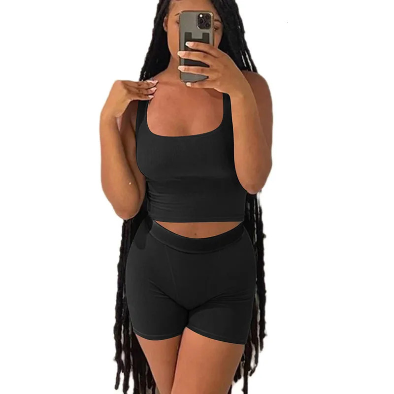 Casual Workout Sets 2 Piece Outfits for Women Ribbed Crop Tank Top High Waist Yoga Shorts Lounge Wear Tracksuit 250320