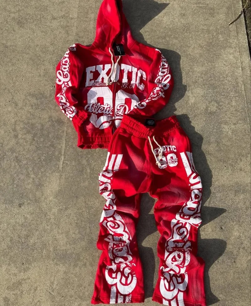 High Street Trendy Fashion Letter Printing Zipper Hoodie Mens Y2k Gothic Harajuku Retro Hip Hop Rock Set 250317