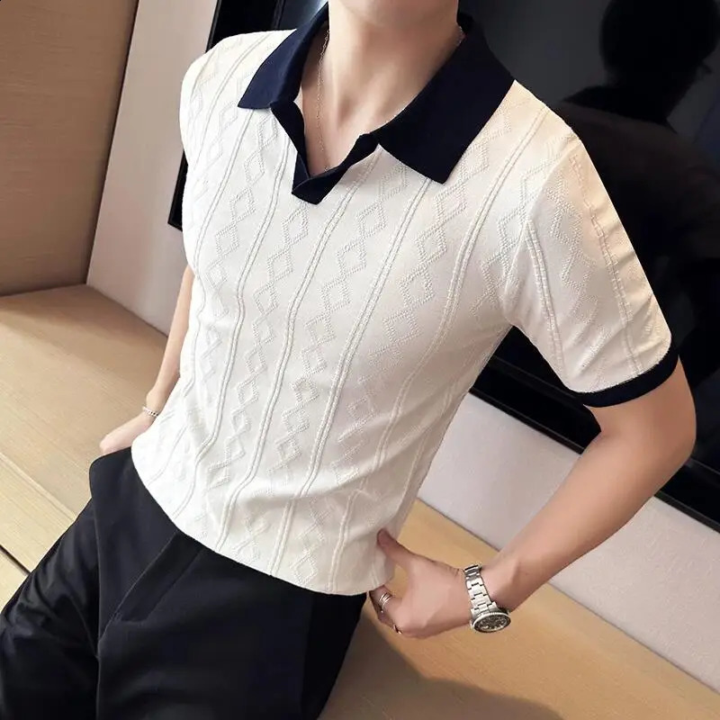 Summer Stripe Jacquard Short Sleeved Knitted Polo Shirt Mens V-neck Contrast Color Slim Fit Casual Business Tee shirt Tops 3XL 250317