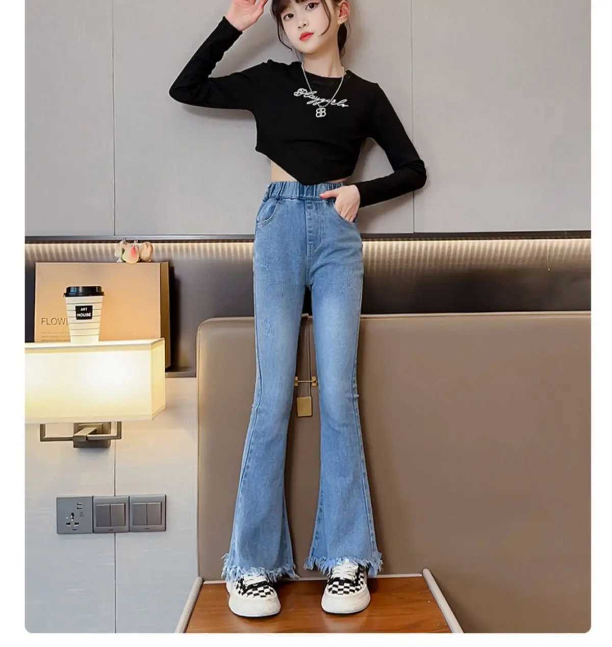 Girls Jeans Spring/Outumn Fashion Flared Trouser for Kids Blue Casual Full Match Youth Pants 10 12 14 Years OldT250326