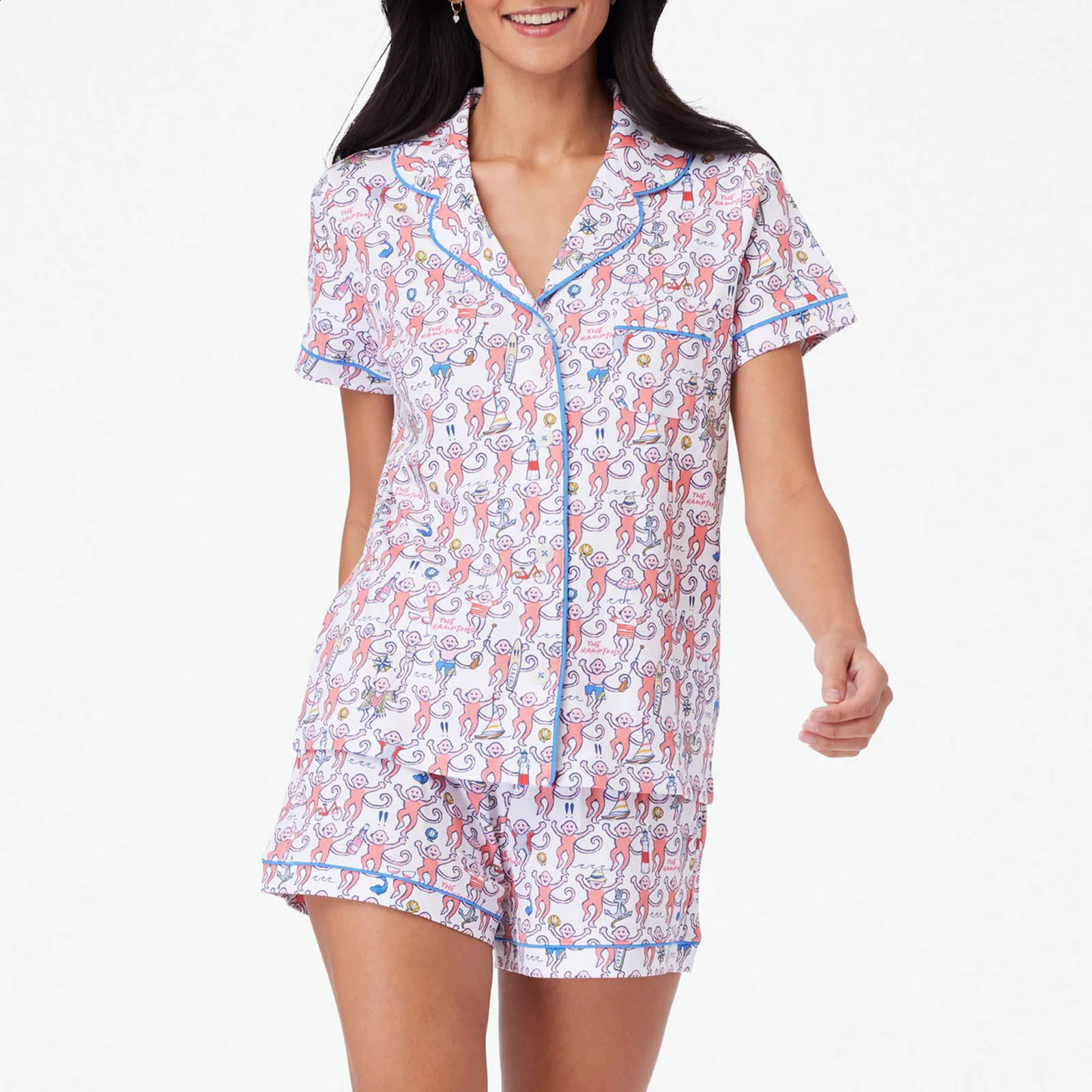 Womens Cute Roller Rabbit Pajamas Monkey Print Sleep Pajama Shorts Set for Women 2 Piece Short Sleeve Preppy Matching Pj Sets 250319