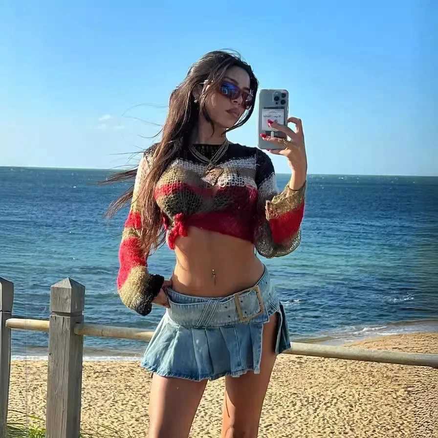 Sexy Side Slit Denim Skirt For Women Low Waist Pleated Mini Dress European American Style Fashionable 2023XJ250320