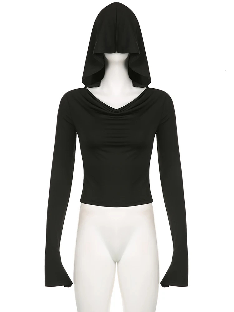 IAMSURE Elegant Fashion Gothic Solid Hooded Cropped T Shirt Dark Slim Slash Neck Long Sleeve Tees Women Summer Streetwear 250320