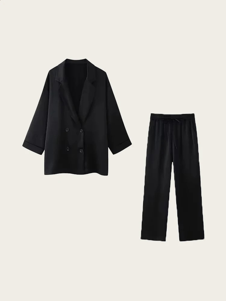 RFZA Womens Double Chest Loose Jacket and High Elasticity Waist Wide Leg Pants Two Piece Set Fashionable 250319