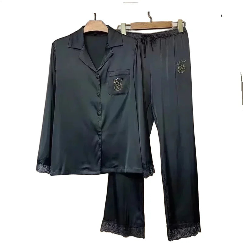 Autumn Womens Long Silk Pajamas Two -piece Satin Noodle Cardigan Casual Clothes Thin Fashion Loose Home Service 250319