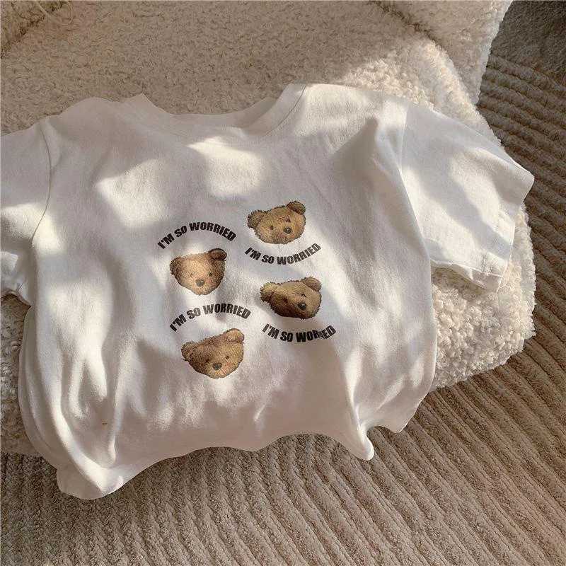 Children Summer Clothes Boy Girl Fashion Cute Cartoon Bear Short Sleeve T-Shirt Baby Letter Loose Tops Kiss Cotton Casual OutfitsT250320