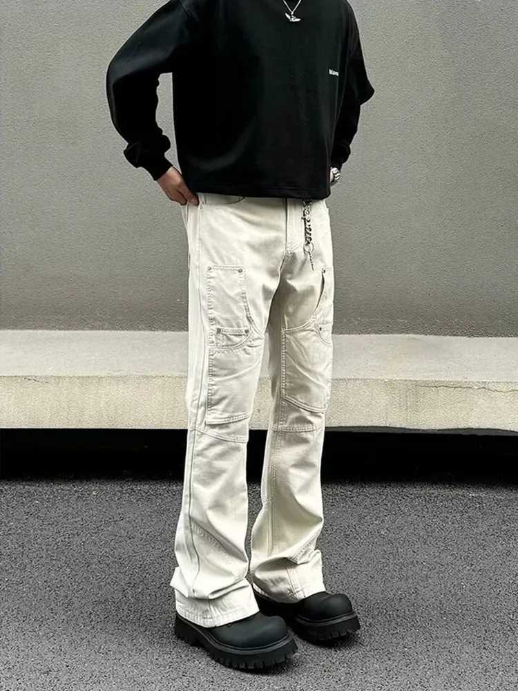 2025 Ropa Y2K Fashion Wash White Ultra Thin Cargo Jeans Mens Clothing Multi Pocket Korean Casual Mens Cotton PantsT250319
