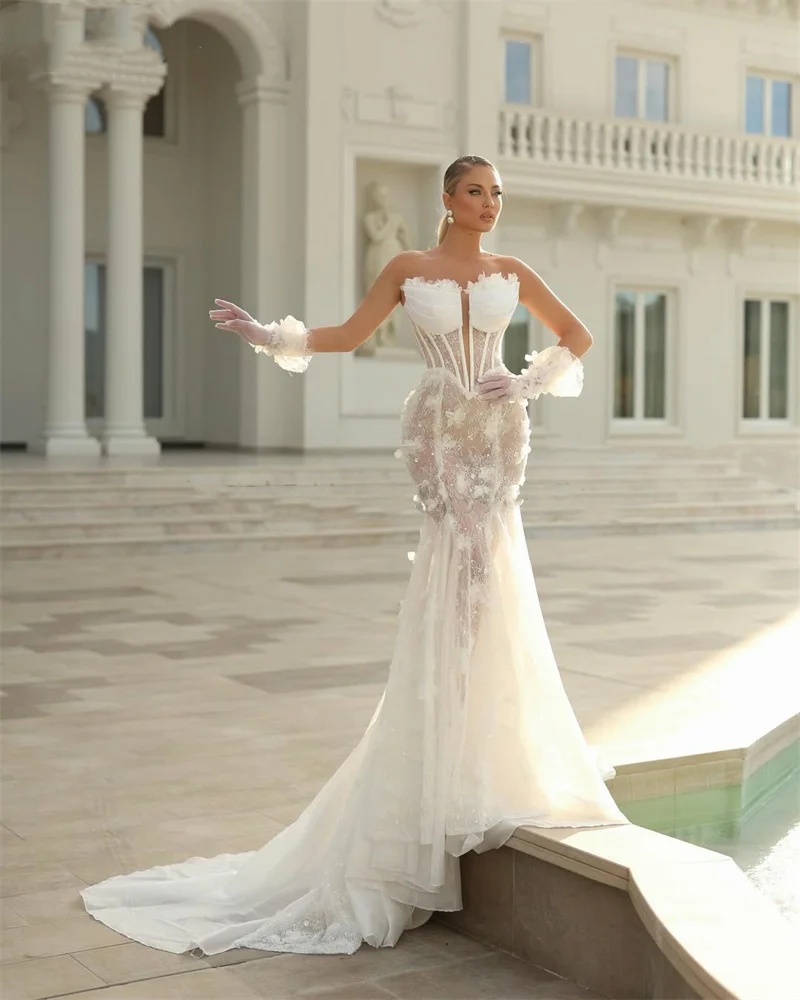 Classic Mermaid Wedding Dress Strapless Sleeveless Bridal Gowns Sequins Appliques Sweep Train Dresses Custom Made vestidos de novia