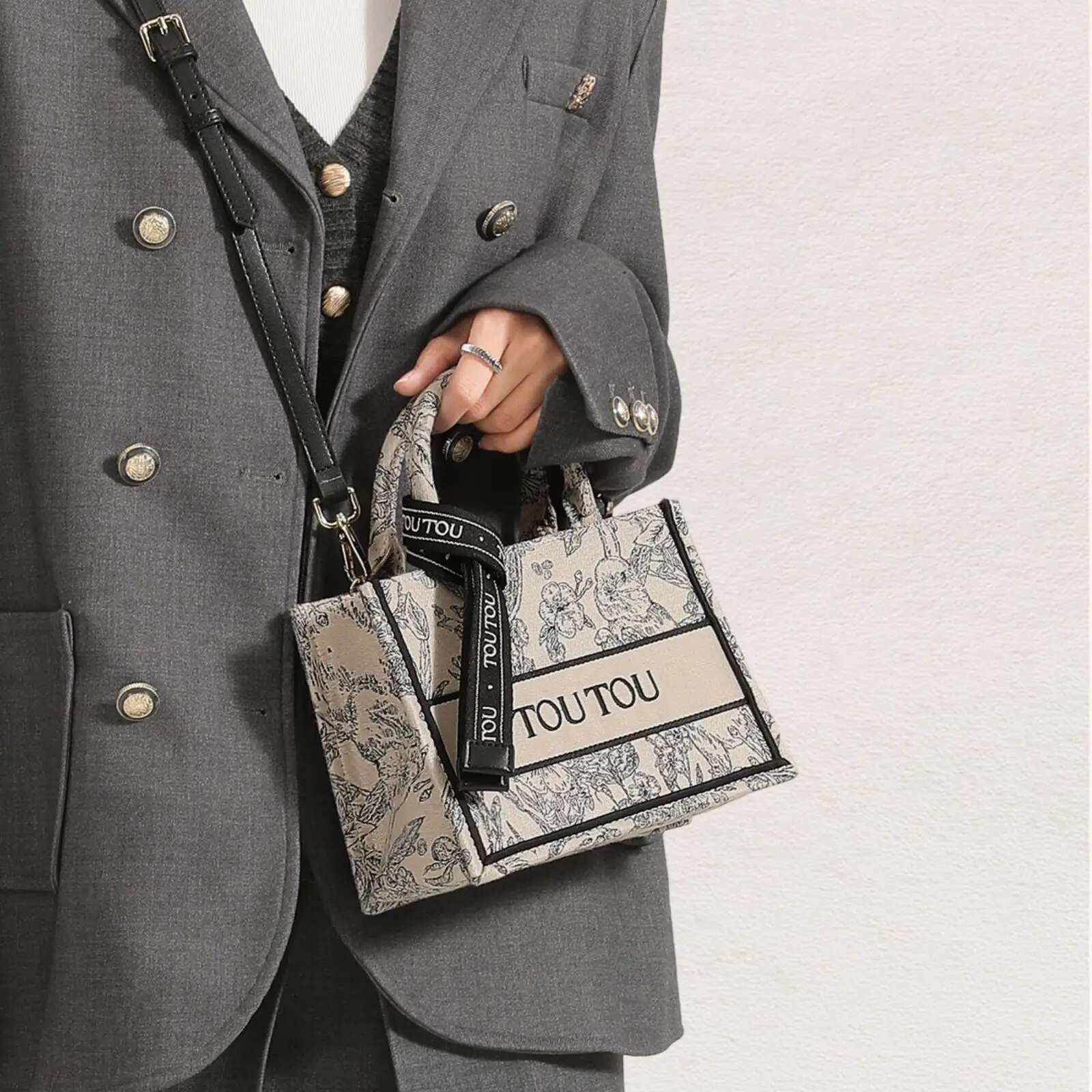 TOUTOU Women Handbag Adjustable Long Strap Vintage Rabbit Shopper Letter Scarf Tote Trendy Embroidered Shoulder Bag