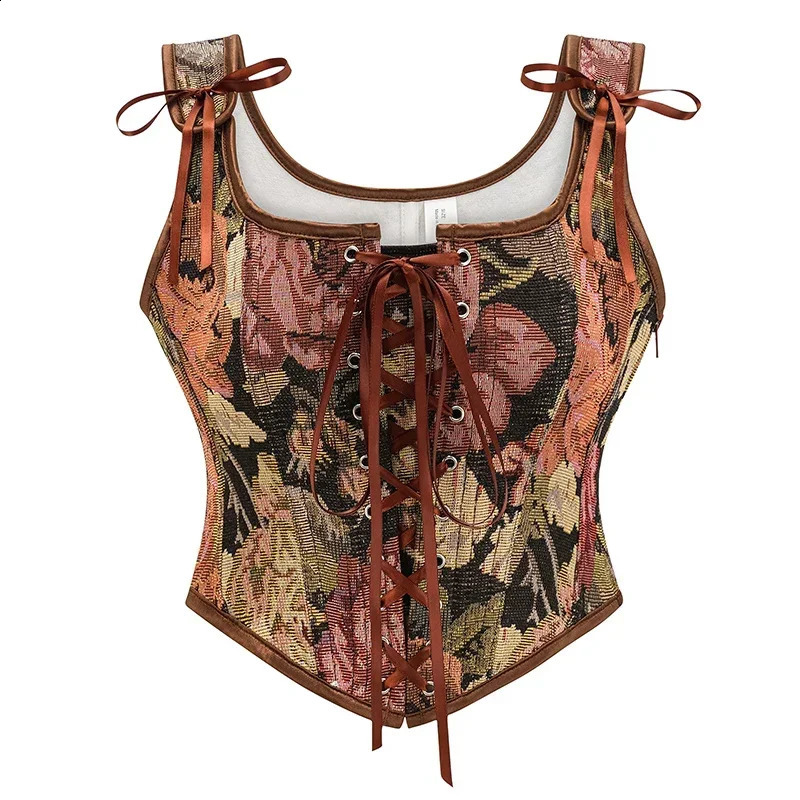 Vintage Gothic Women Corsets Lace Up Zip Floral Prints Corset Tank Top Sexy Waist Trainer Body Shaper Shapewear Slimming Vest 250319