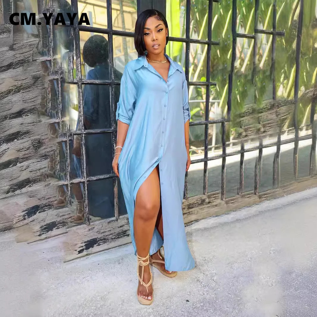 CM.YAYA Women Full Sleeve Turn-down Neck Single Breasted Shirt Satin Maxi Long Dress Vestidos Summer Party Loose Dresses 250320