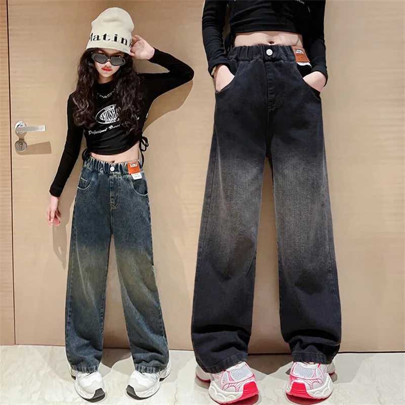 Girls Spring and Autumn Jeans 2024 Korean Childrens Edition Gradient Wide Leg Pants 6-15 Years OldT250326