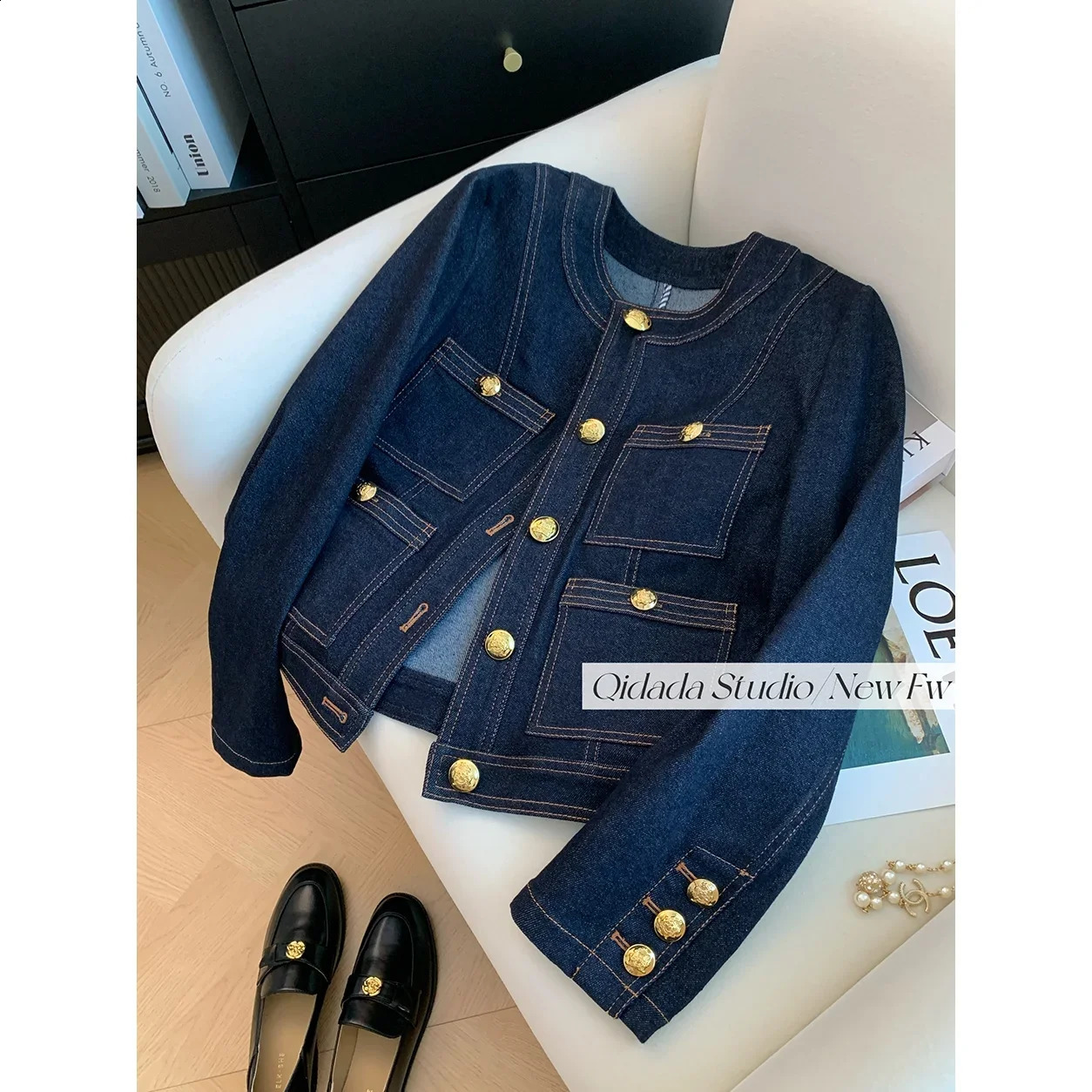 Blue round neck classic style denim jacket womens clothing spring/summer high-end short sleeved retro loose temperature 250317