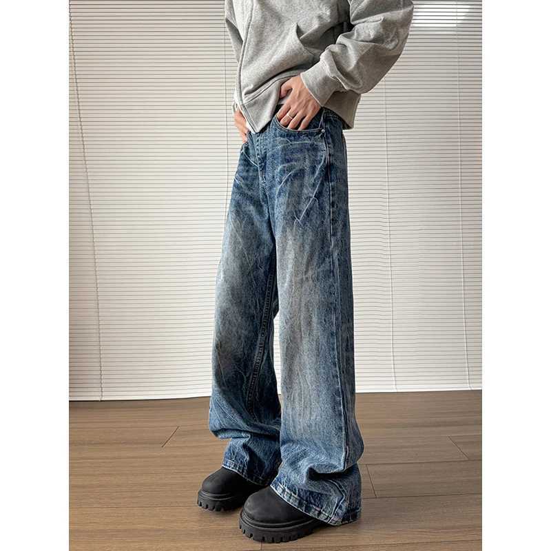 Pocket jeans mens denim pants blue acid washed mens jeans straight casual mens loose wide leg Trousers 2024 new mop pantsT250319