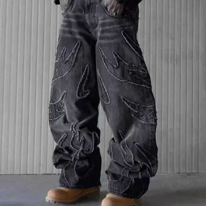 Mens Baggy Aesthetic Streetwear Jeans Mens Retro Fashion Wide Leg Denim Pants Graphic Embroidered Designer Hip Pop Denim TrousersT250319