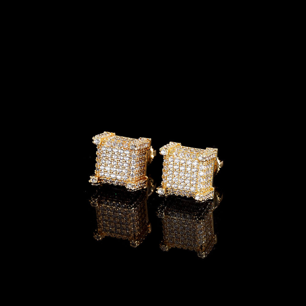 Hip Hop Rock Fashion Jewelry Gold Plated For Women Micro Pave 3A Zircon Square Screw Back Earrings