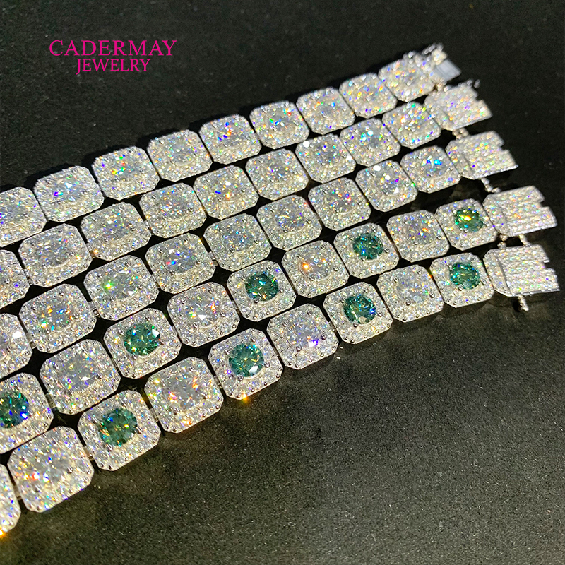 HipHop Jewelry 925silver 10mm Square Clustered Iced Out Green Mixed White Moissanite Bracelet Rock Candy Moissanite Tennis Chain