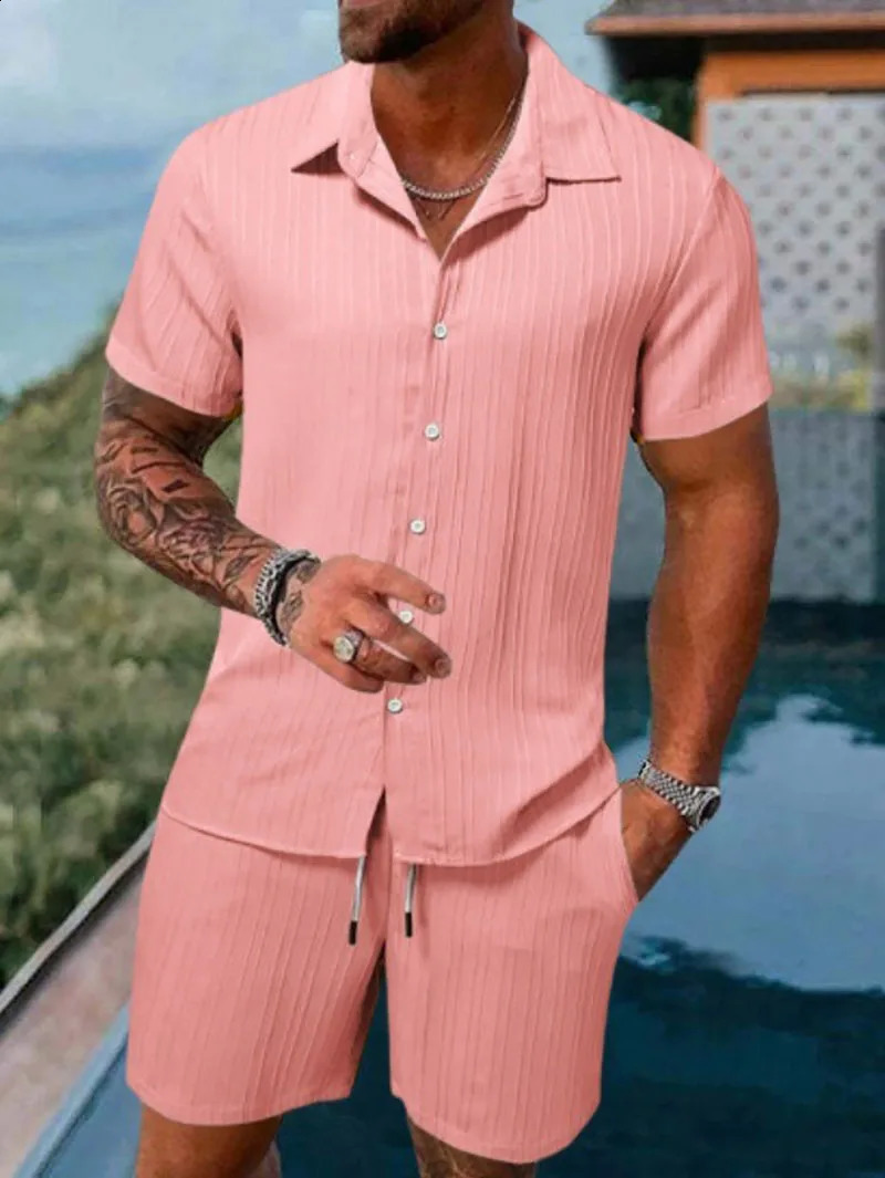 Spring and summer mens sports polo casual solid color loose short sleeved drawstring shorts cardigan striped sportswear 250319