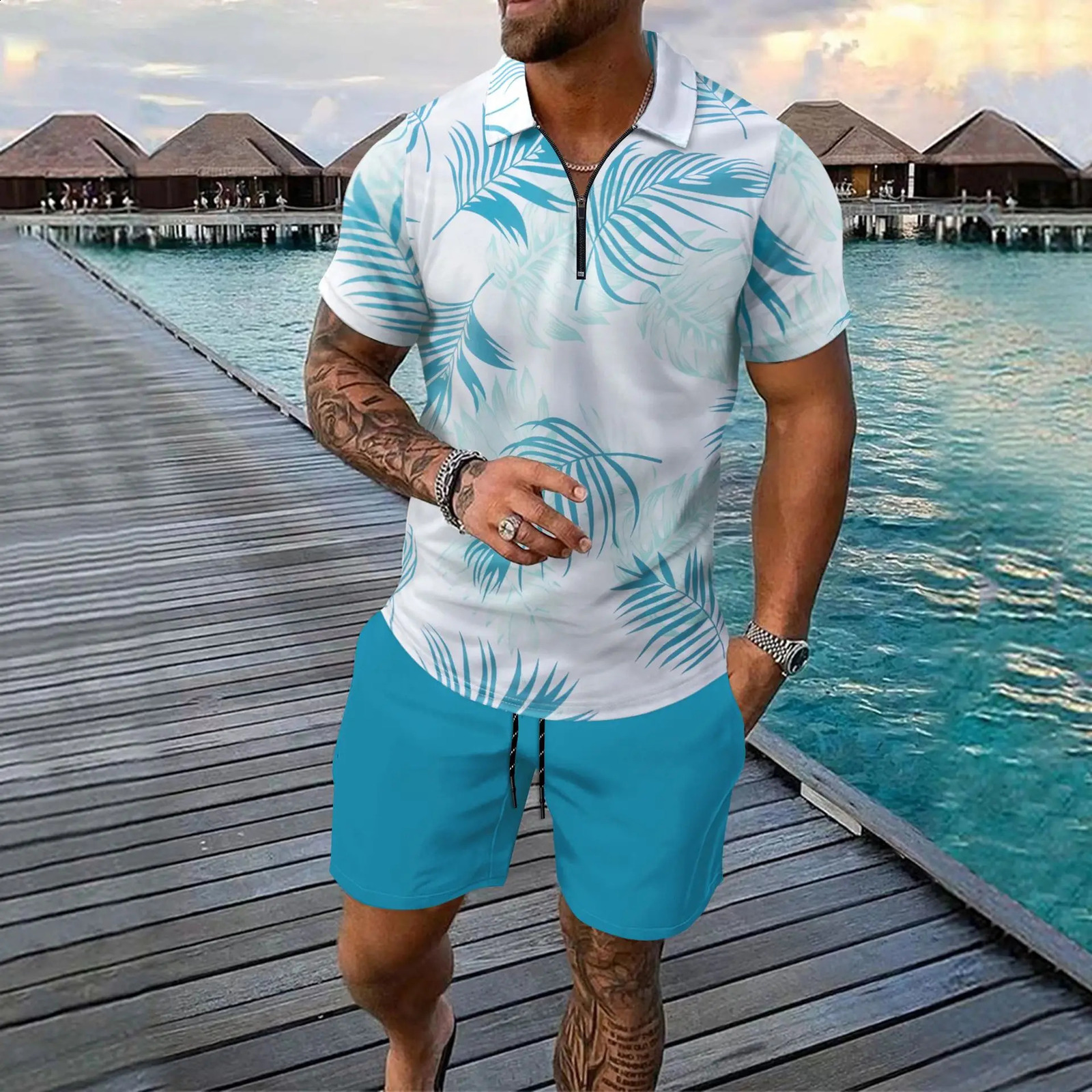 Cross-border Beach Mens European and American Digital Printed Zipper Short-sleeved POLO Shirt Shorts Set Short Sets 250319