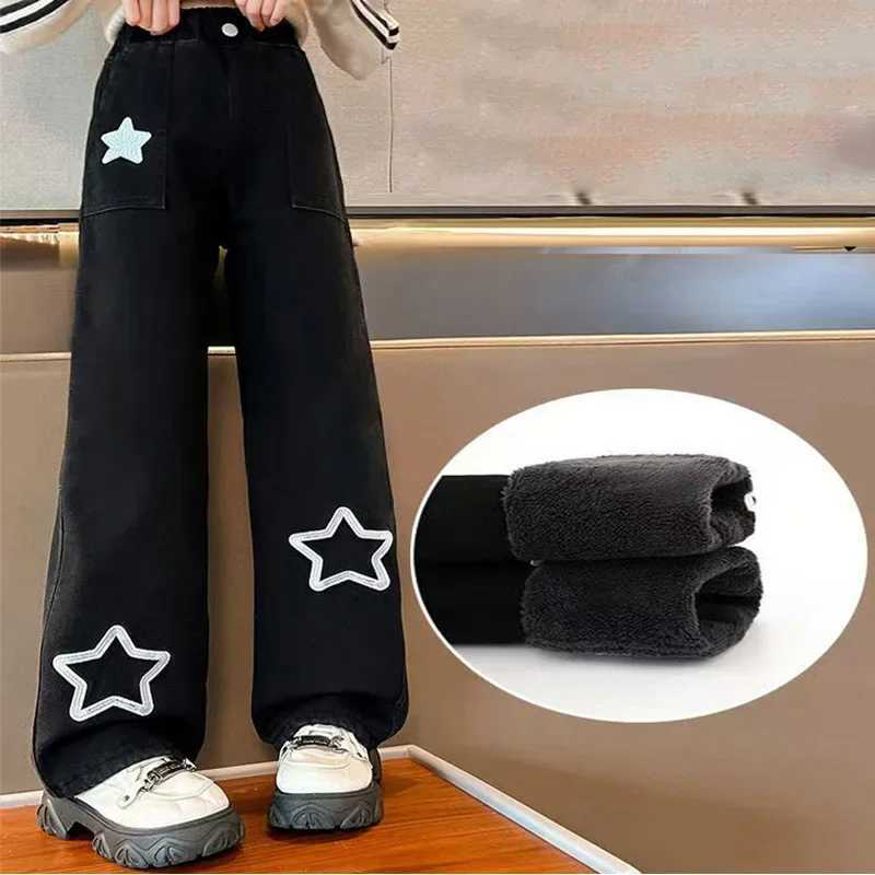 Girls Thick Warm Pants with Velvet Winter Loose Trouser Childrens Apron Lambswool Wide Leg Pants Childrens New ClothesT250326