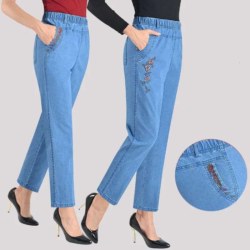Mom's Spring/Summer Mid To Old Age Jeans Women's Loose Straight Sleeve 9-Point Embroidered Elastic High Waist