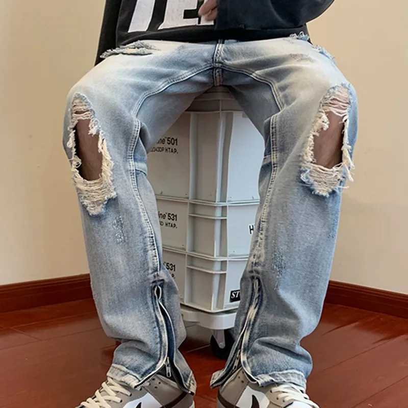 High quality mens jeans high tear mens wash pants teenage boys distressed pants leg zipper pantsT250319