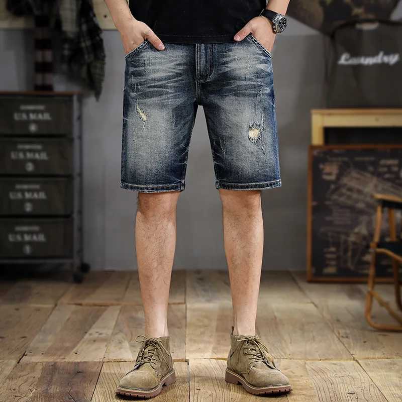 New American Fashion Vintage Wash Scratch Hole Denim Shorts Mens Slim Straight Five Minute Trousers Gangster Handmade W250319