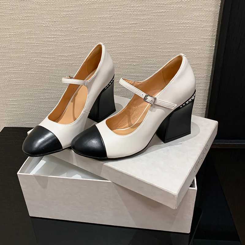 MKKHOU Fashion Pumps New High Quty True Leather Color Block Round Toe High Heels Mary Janes Shoes Commuter Women ShoesC250319