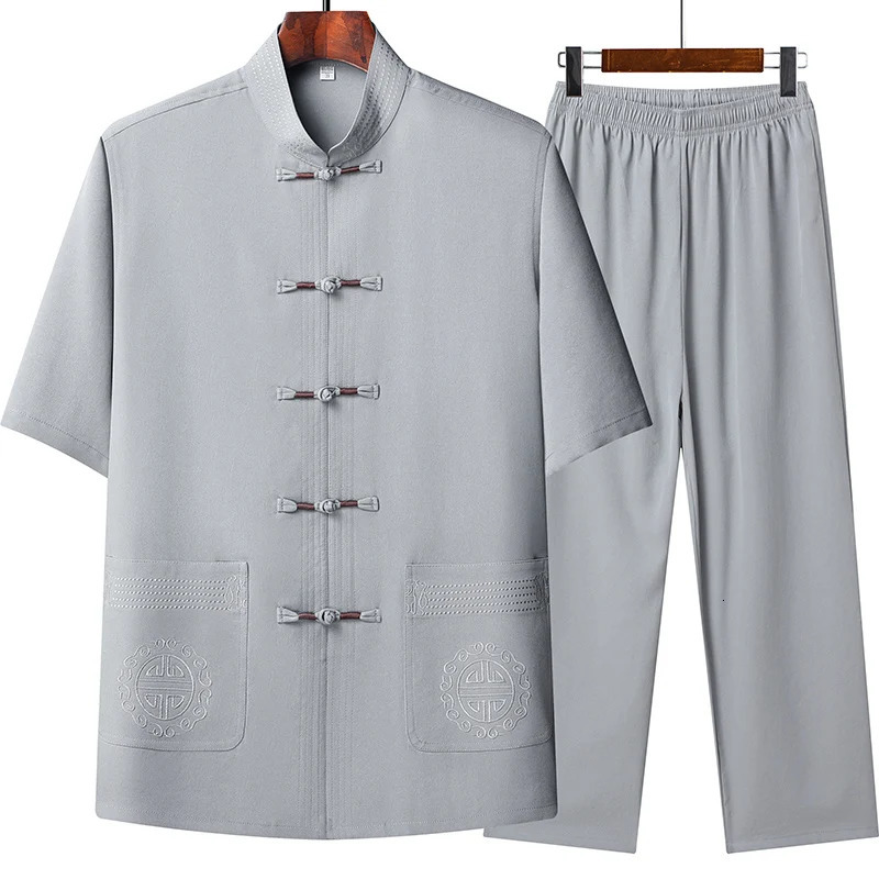 Tang style toppants mens fashionable business collar ed round buckle Chinese checkered dress Hanfu Taiji suit 250317