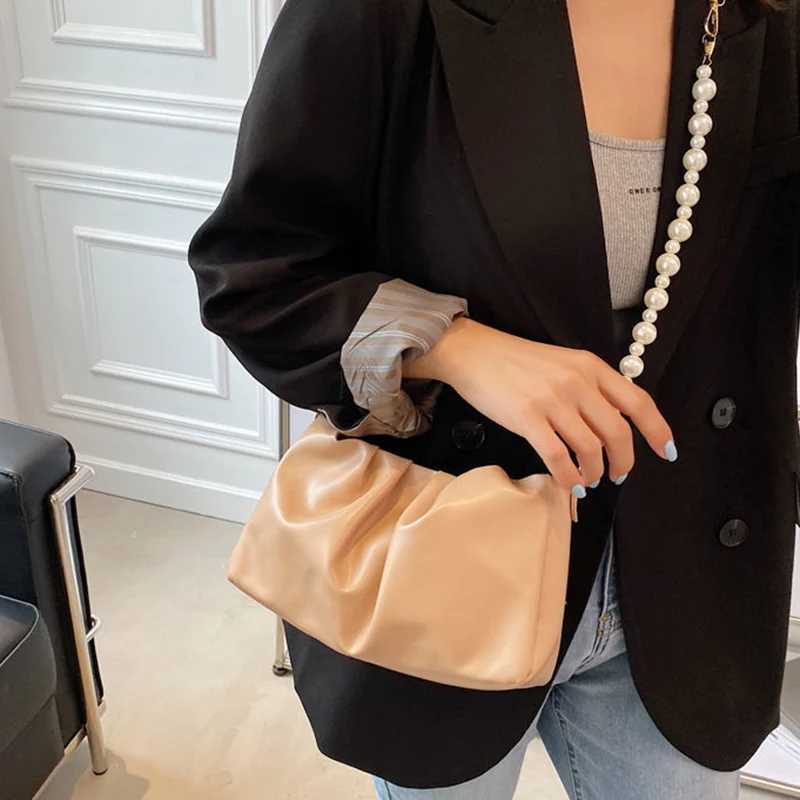 High quality pearl pleated shoulder bag cloud bottom bag niche bag womens summer casual handbag PU leather bag Y250319