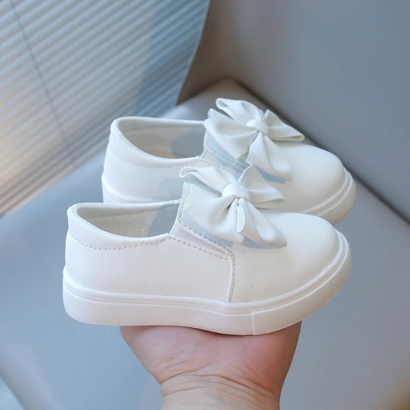 Children Leather Shoes Bowtie White Round Toe Autumn Slip-on Kids Casual Shoe Sweet Leisure Flexiable Comfy Girls Loafers 22-31 250319