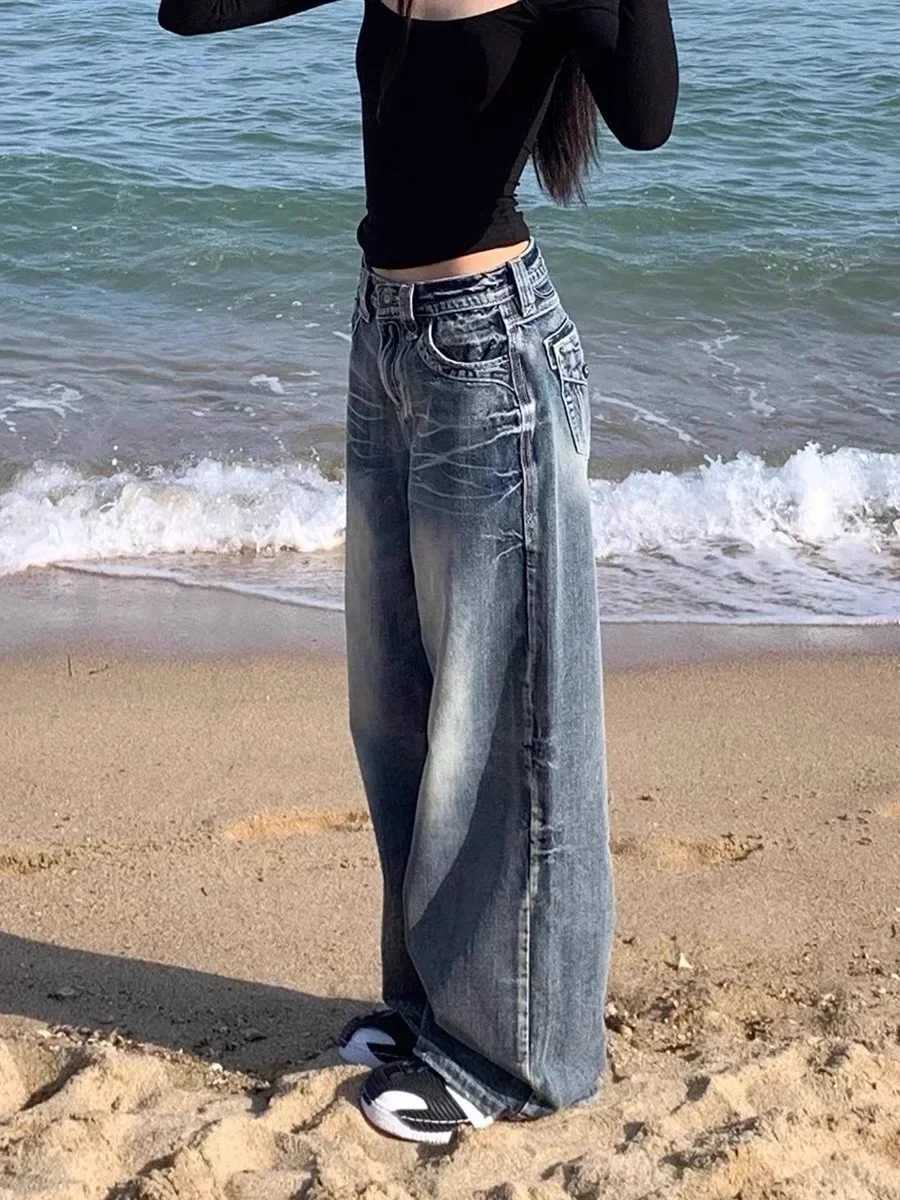 HOUZHOU Retro Y2K Blue Jeans Womens Bag Wash Wide Leg Jeans Womens Street Clothing Harajuku Korean Fashion Jeans Trousers GrungeT250319
