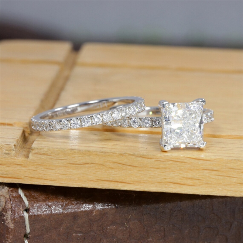 Jewelry 14K White Solid Gold Princess Cut 2.0 Carat Lab Diamond Engagement Ring Set Real Gold Ring Eternity Band For Wedding Gift