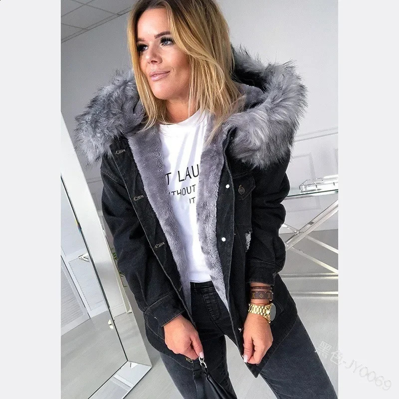 Thick cotton lined coat denim winter trend cashmere fur collar womens warm jacket 250319