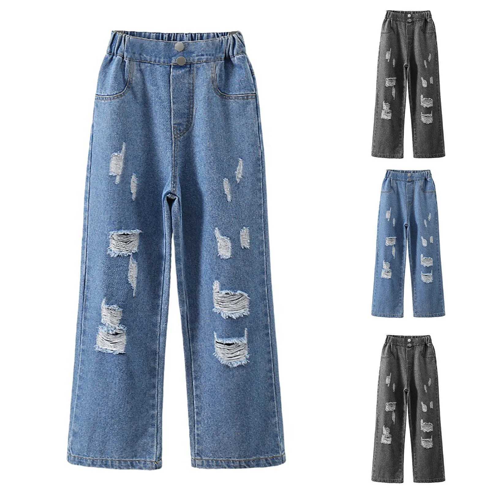 2024 Spring Autumn Girls Love Rough Edges Jean Korean Wide Leg Pants Teenagers Loose Elastic Waist Cowboy Pants For KidsT250326
