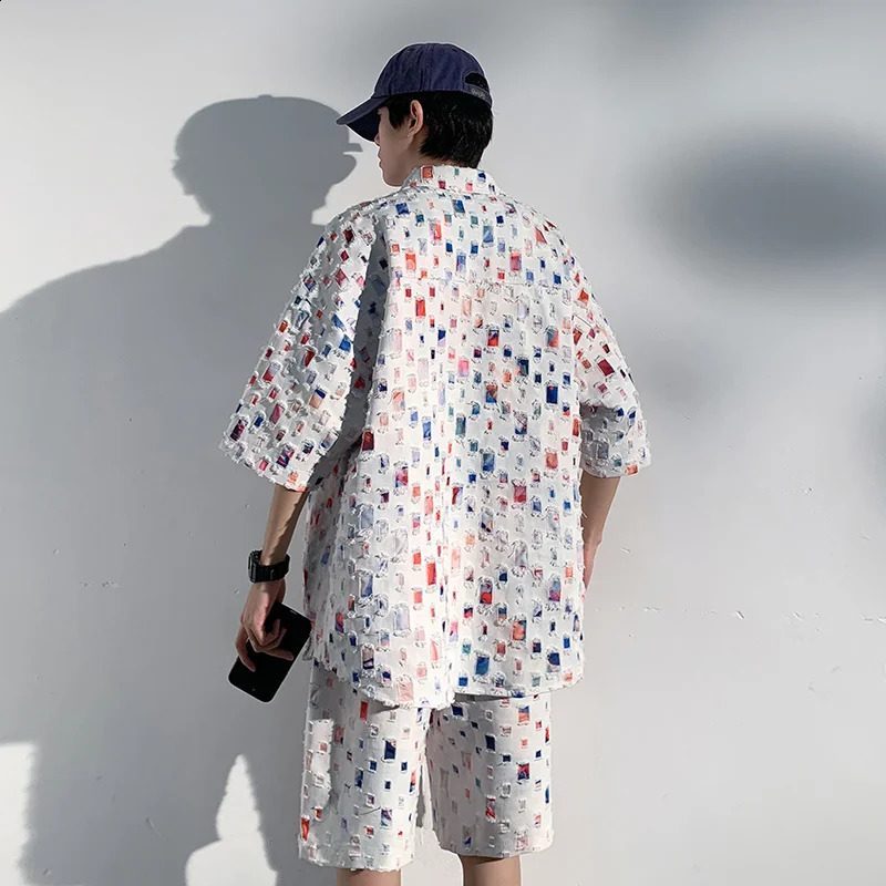 Summer Plaid Sets Men Fashion Short Sleeved Shirt/Shorts Two-piece Mens Streetwear Loose Hollow Out Set Mens Short Sets M-5XL 250319
