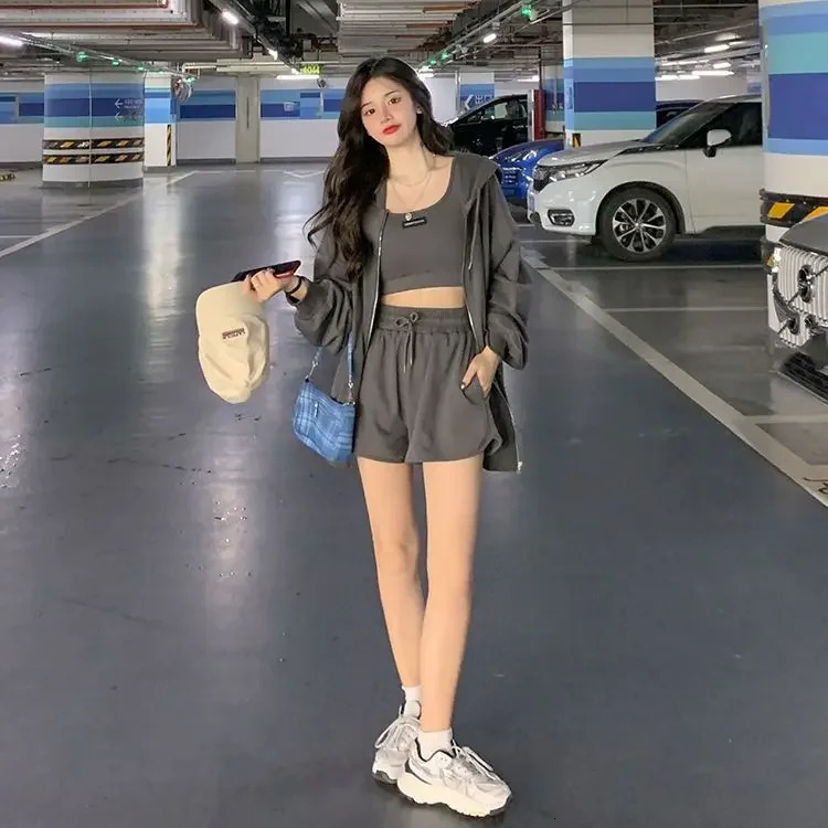 Plus Size Spring Summer Fashionable Casual Age-Reducing Fitness Running Sweatshirt Shorts Three-Piece Set Womens Sporty... 250320