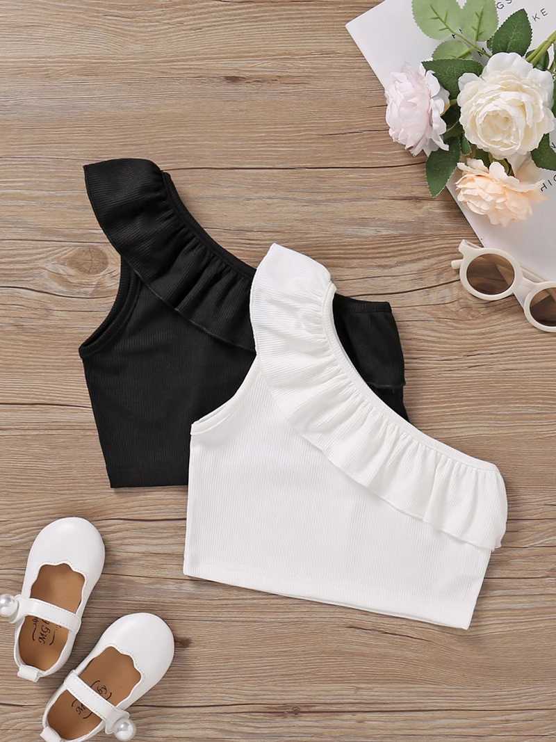 New Summer Girl Camisol 4-7Y European and American Style Childrens Ruffle Edge Single Shoulder Thin Vest Childrens Summer ClothingT250320