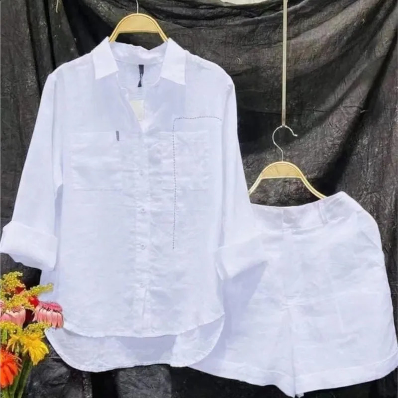 Summer Cotton Linen Casual Home 2 Piece Set For Women Fashion White Long Sleeve Shirt And Shorts Two Piece Sets Tracksuit 250318