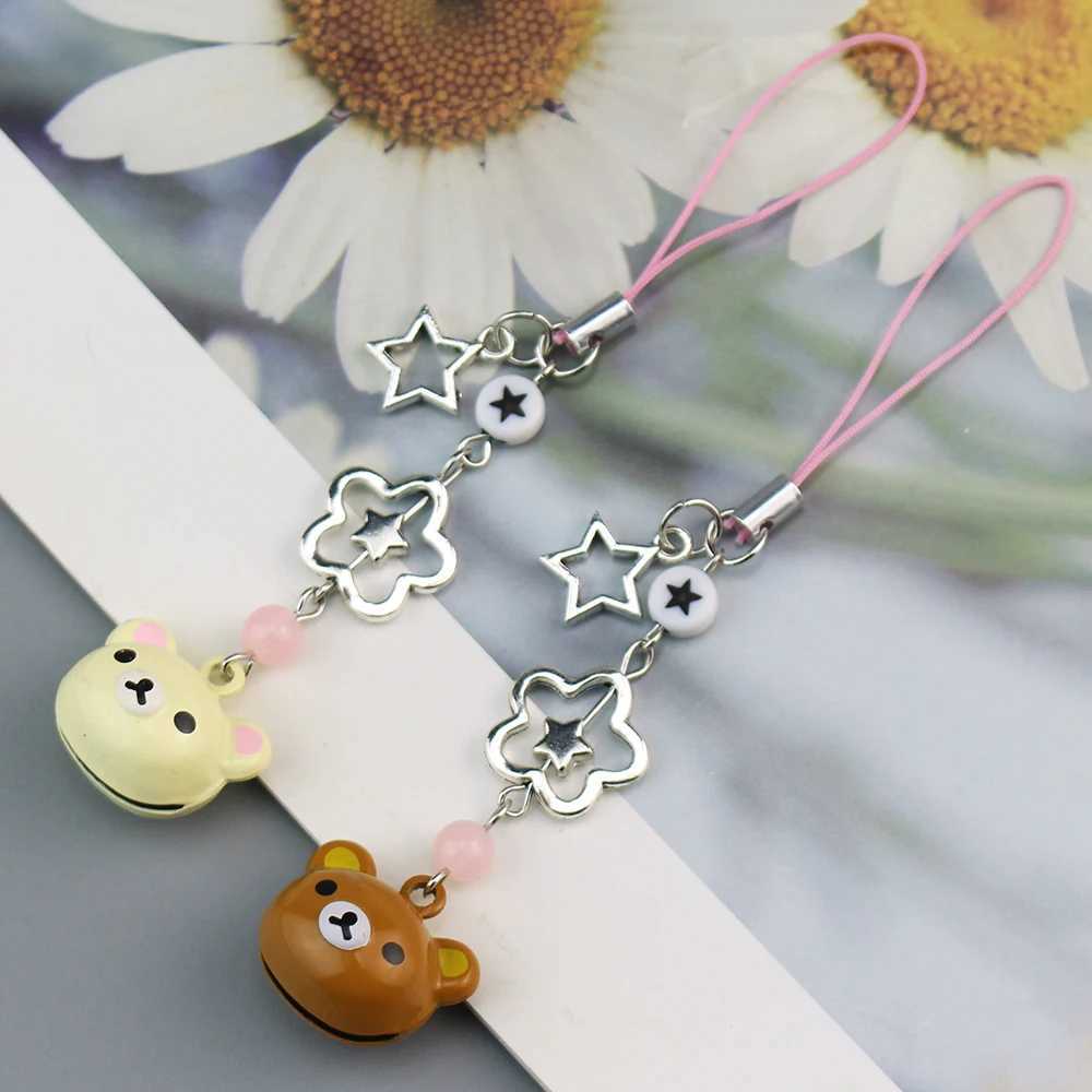 Cute Rilakkuma bear bell matching phone charm Y2K handmade star shaped hanging chain Kawaii bead mobile pendant card keychainXJ250319