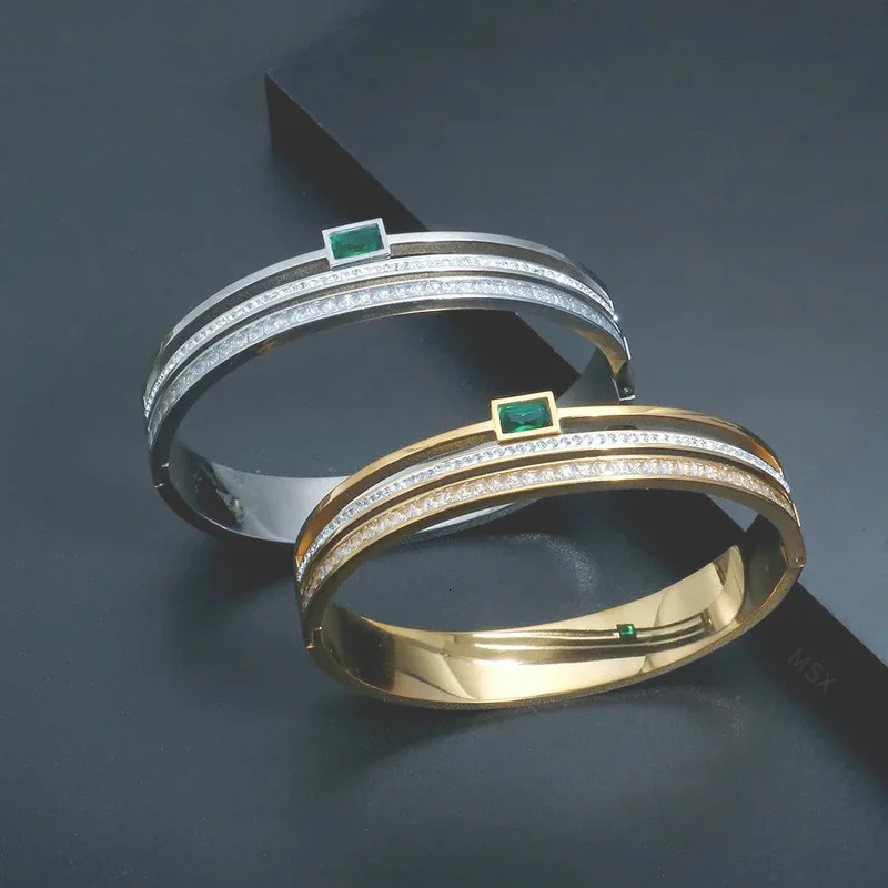 CARLIDANA High Quality Green White Rhinestone Deluxe Wide Bracelet Stainless Steel Waterproof for Women Bangle Party Jewelry 250320