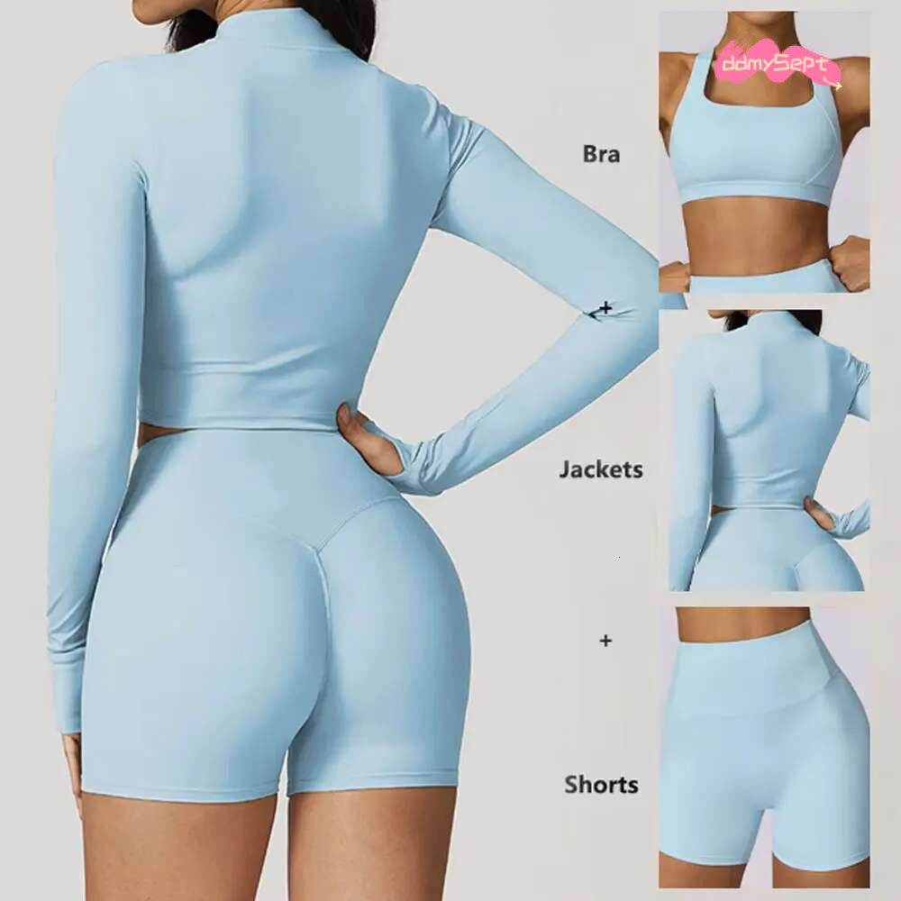 Women's 3-Piece Yoga Set with Bra Jacket Shorts Workout Outfit Naked Feel Fabric for Outdoor Fiess Gym Pilates Activewear ddmySept