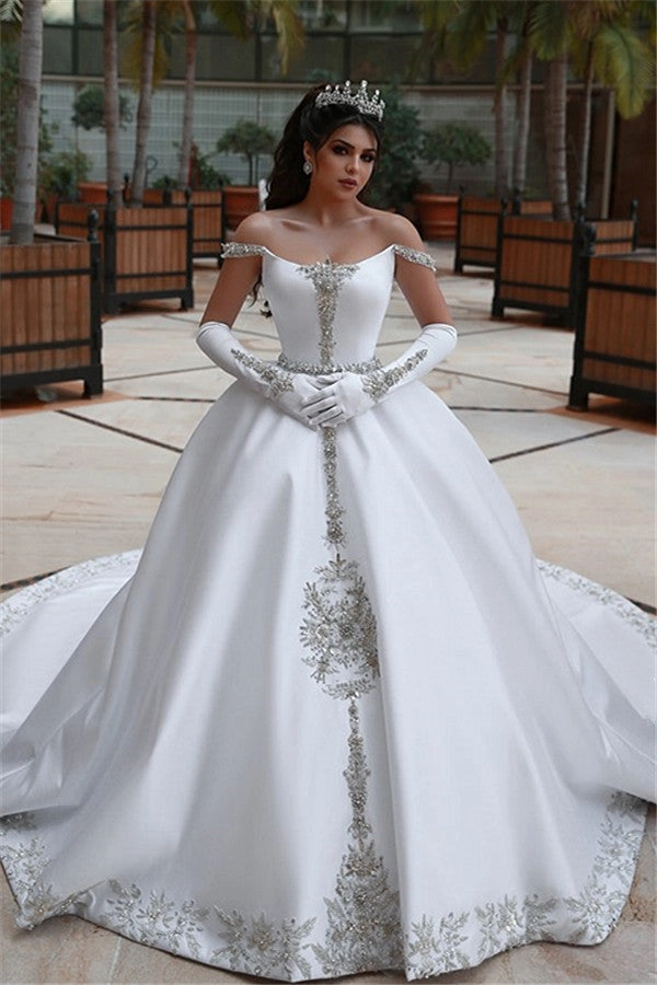 Elegant Arabic Dubai White Wedding Dress Off Shoulder Appliques Beaded Satin Long Luxury Bridal Gowns 2025 Vestido De Novia