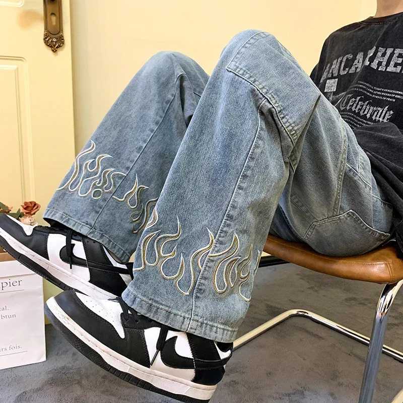 2024 new autumn mens street hip-hop loose wide leg pants Y2k Harajuku style pocket straight jeans black blueT250319