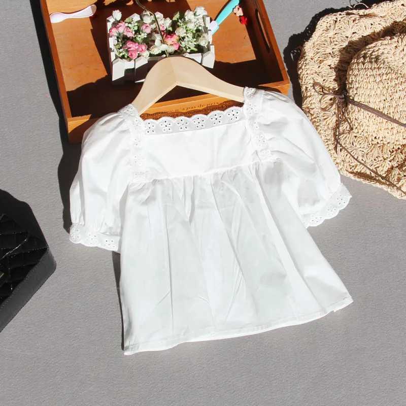 Summer white big girl cotton lace short sleeved top childrens square neckline solid color T-shirt 6 8 10 14 15 yearsT250320