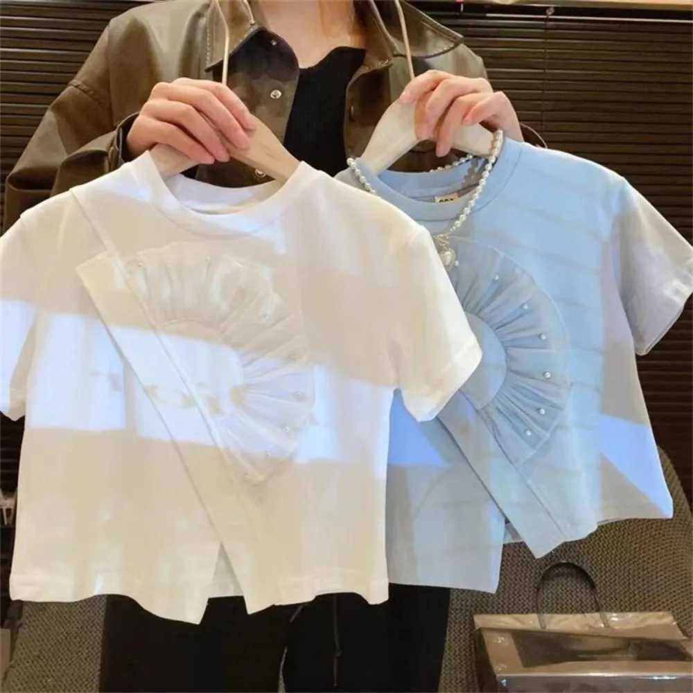 Bear Leader 2024 Summer New Korean Girls Clothes Solid Color Ruffle Short Sleeve Round Neck Casual T-shirt Childrens ClothingT250320