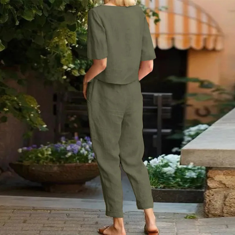 Womens Cotton Linen Summer Set Half Sleeve Round Neck Tie Elastic Waist Mens Loose Pants Retro 2024 250319